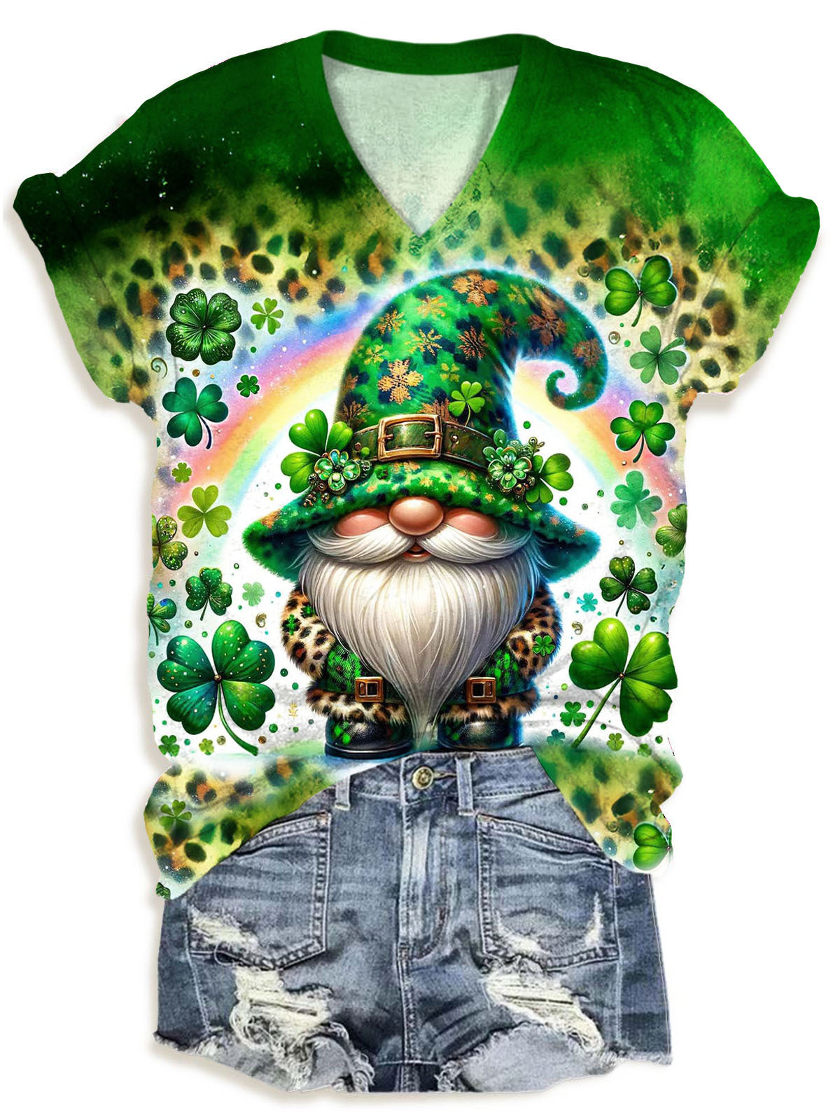 St. Patrick's Day Gnome T-Shirt mit V-Ausschnitt