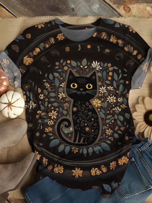 Vintage Flower Cat Crew Neck T-shirt