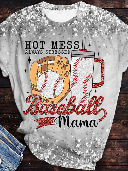 Baseball Mama Print Crew Neck T-shirt