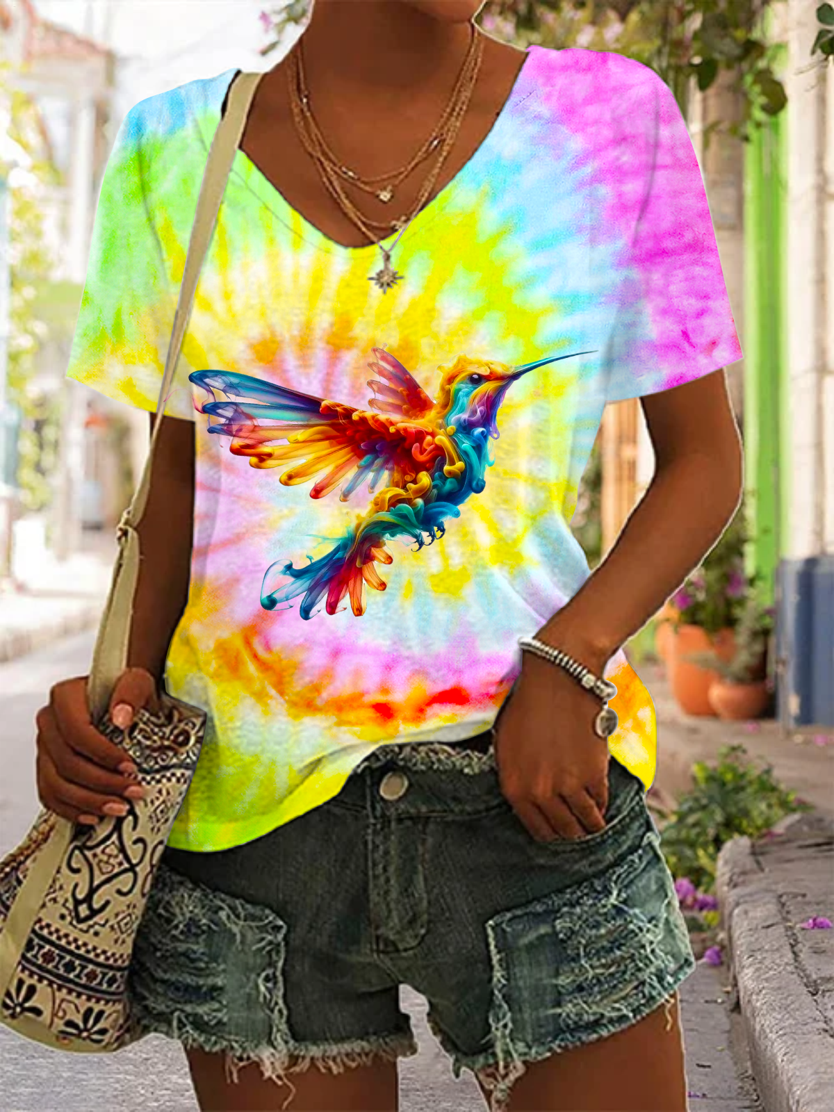 Tie-dye Hummingbird V Neck T-shirt