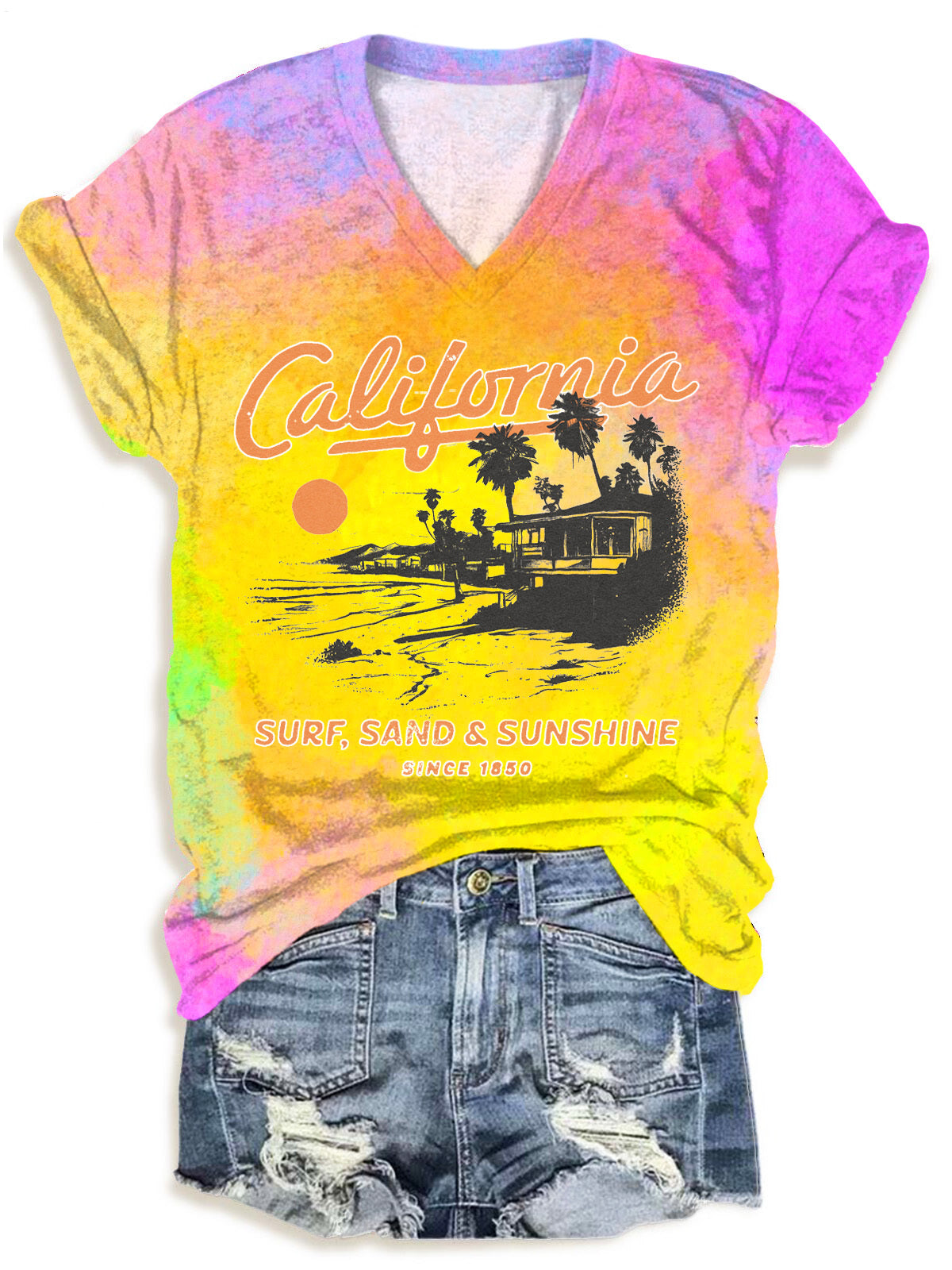 California Vacation Beach Tie Dye V-neck T-Shirt
