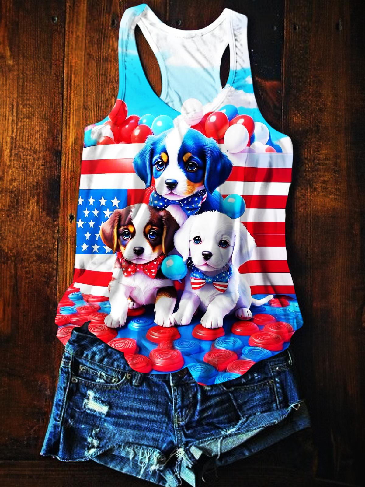 Independence Day Patriotic Building Blocks Puppy Printed Casual Tank Top
