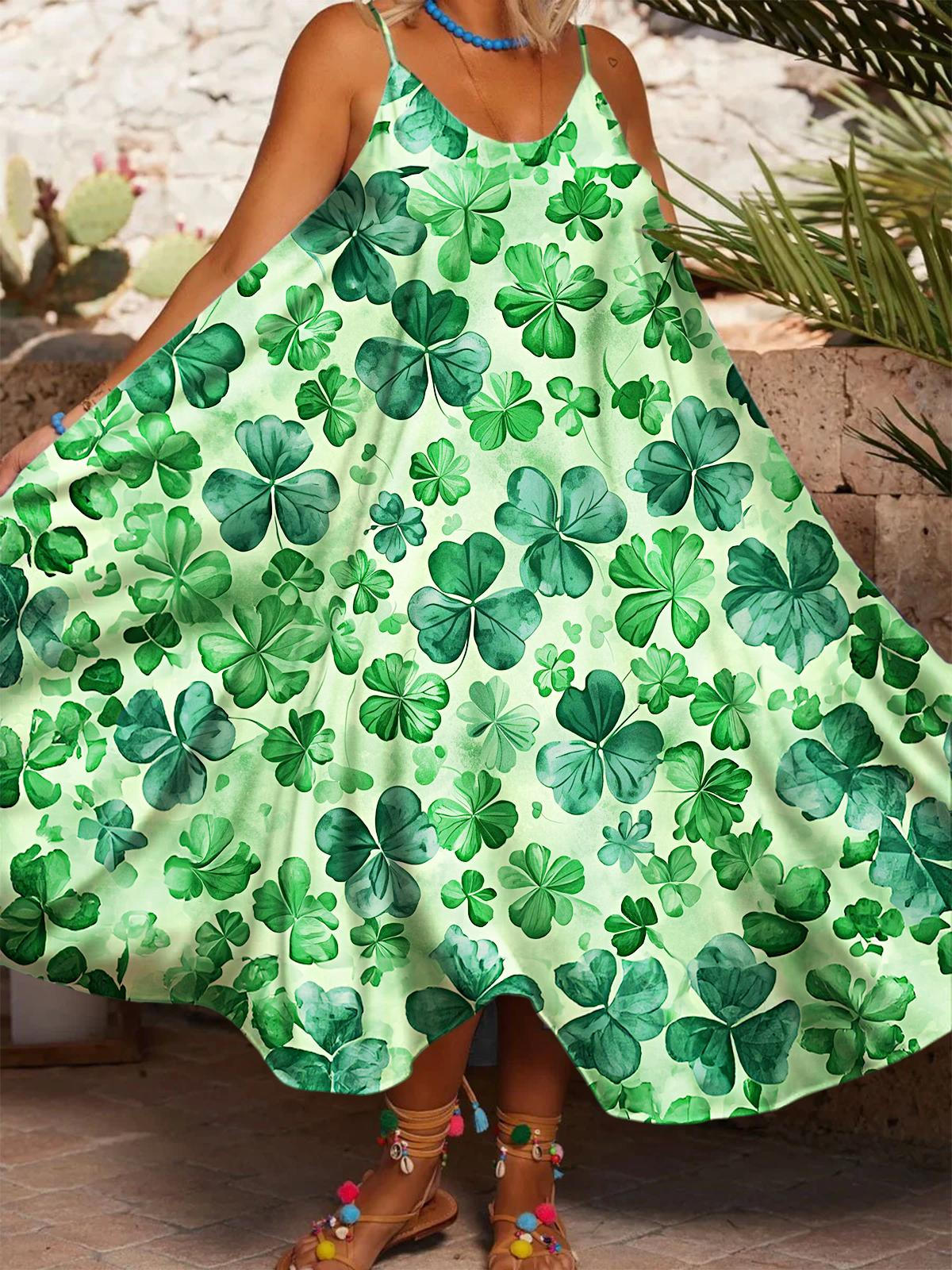 Lässiges Spaghettiträgerkleid mit Kleeblatt-St.-Patrick-Print für Damen
