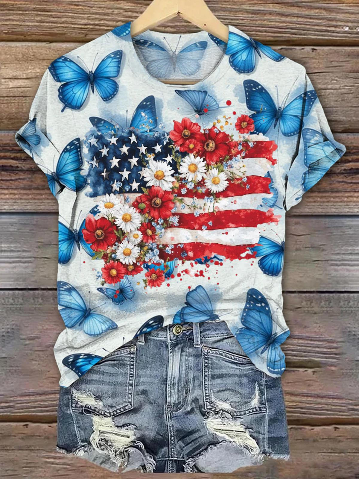 Floral American Flag Butterfly Printed T-shirts