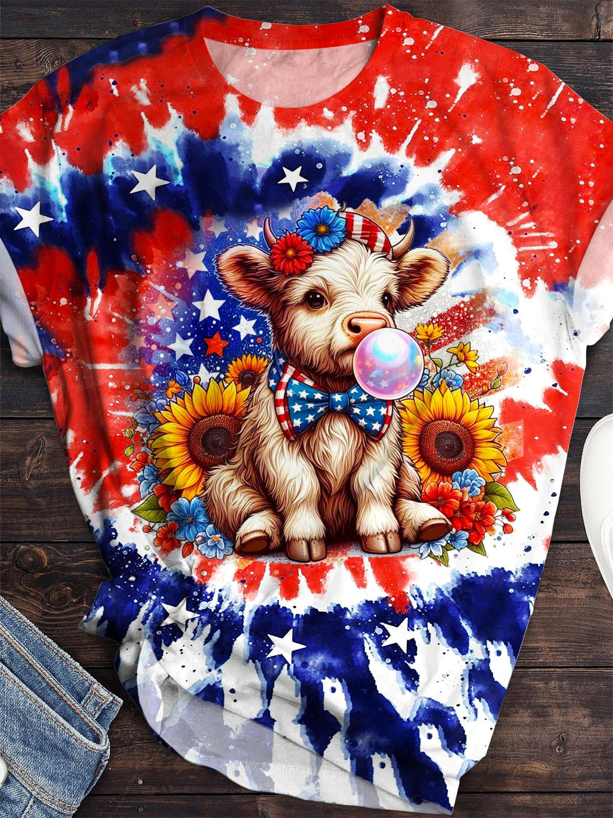 Independence Day Sunflower Highland Cow Printed Crew Neck T-shirt
