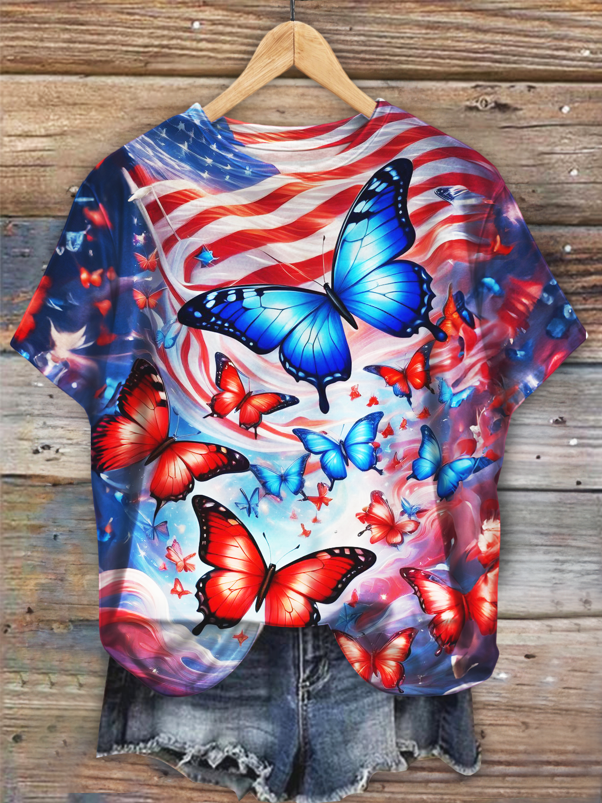 Independence Day Glitter American Flag Butterfly Art Crew Neck T-shirt