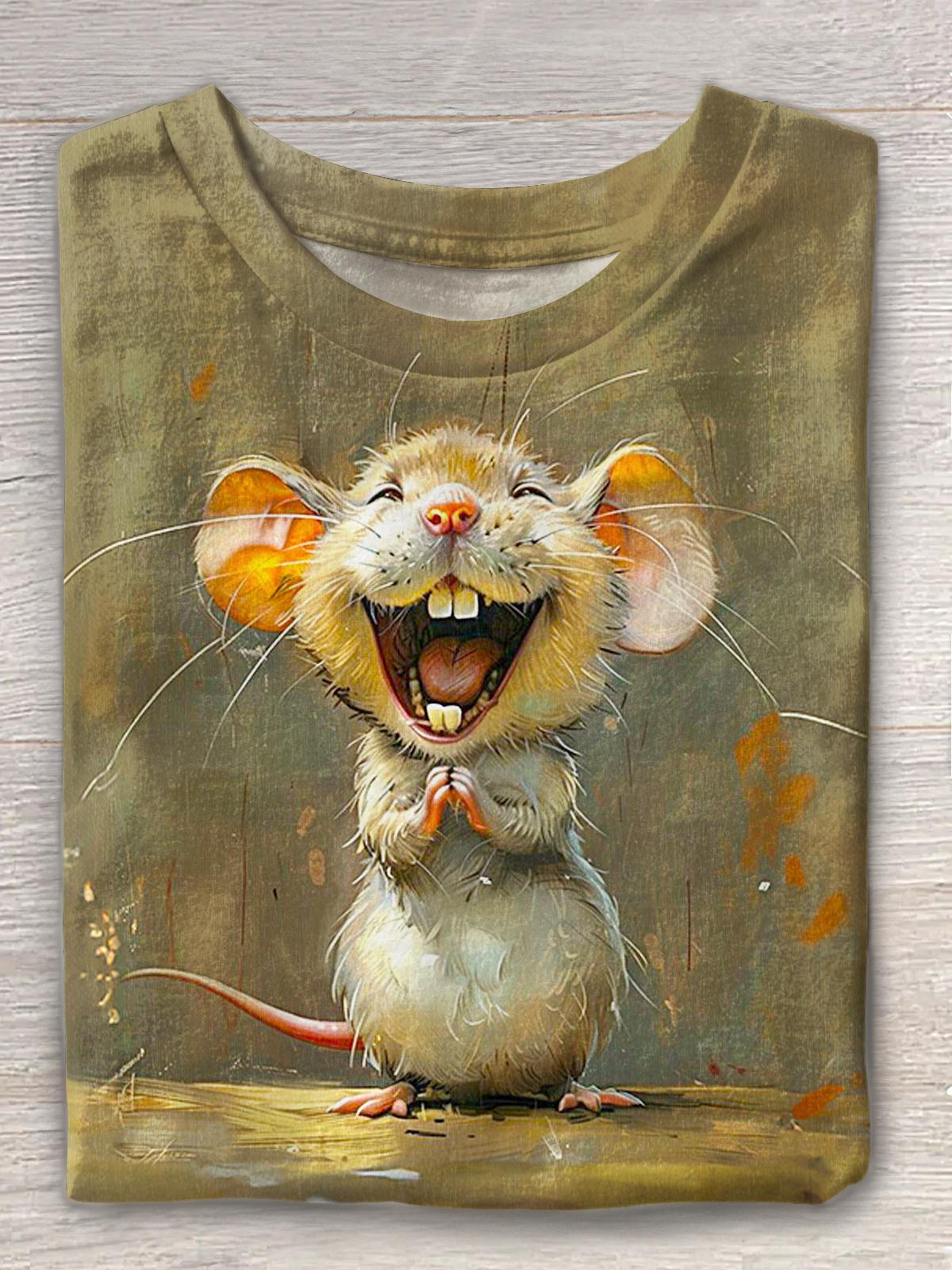 Cute Laughing Mouse Print Crew Neck T-shirt