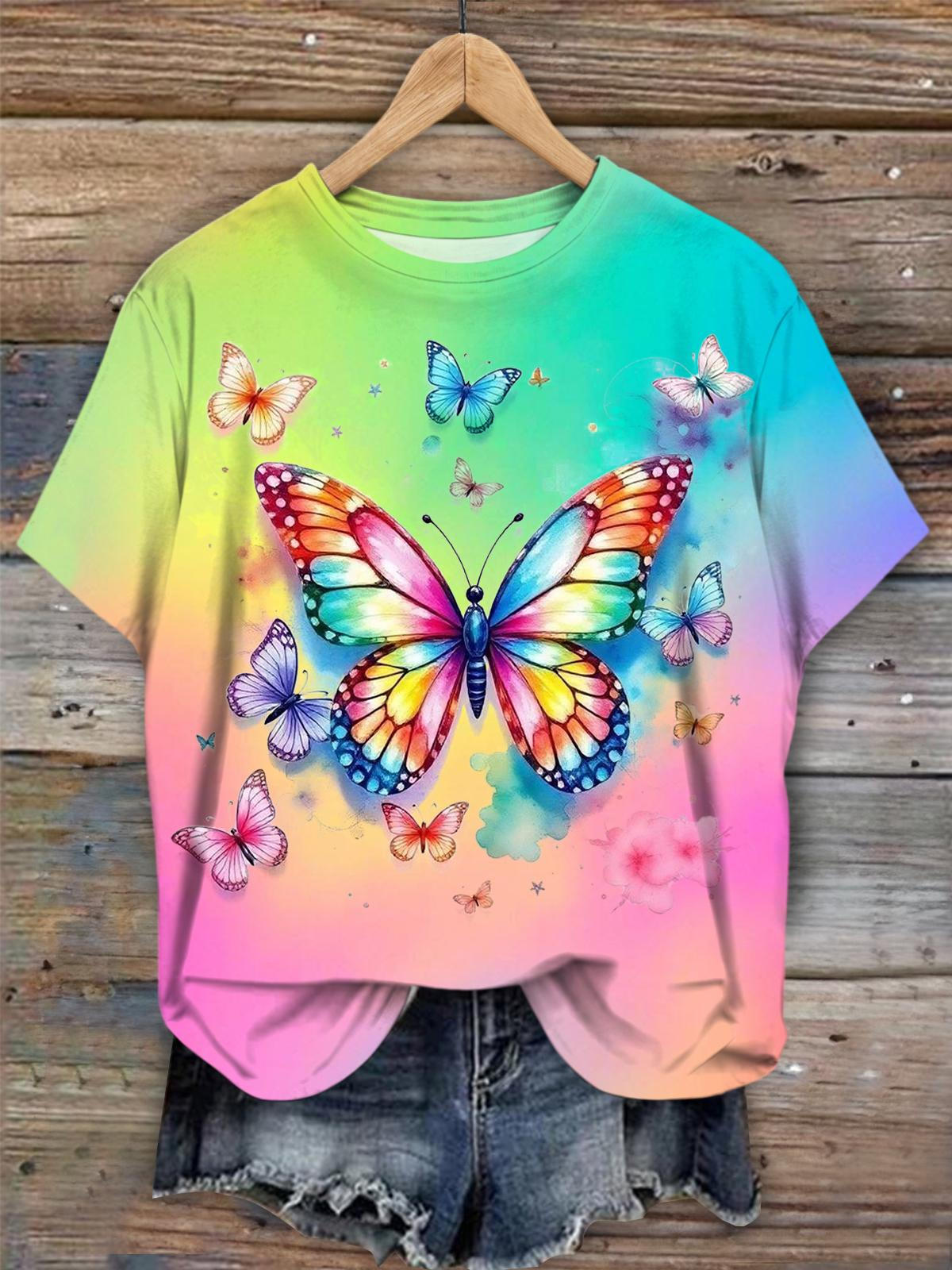 Color Butterfly Tie Dye Crew Neck T-shirt