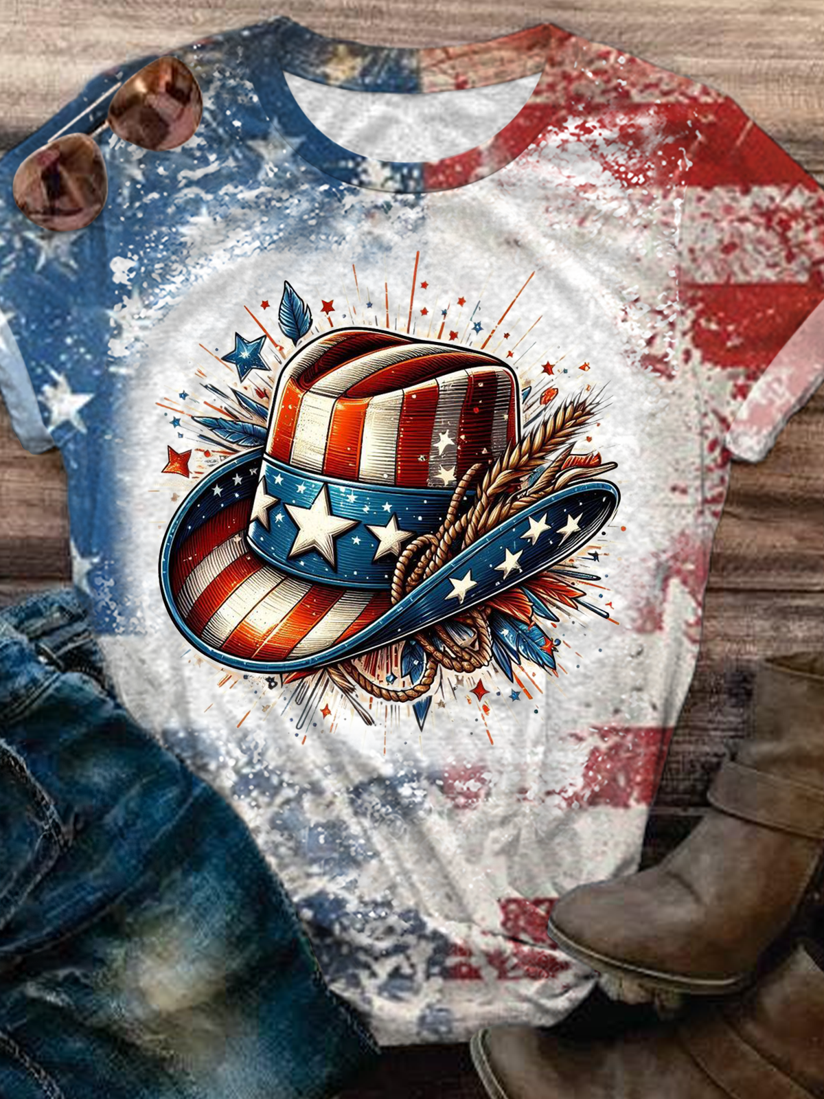 Independence Day Retro American Western Cowboy Tie Dye Art Crew Neck T-shirt