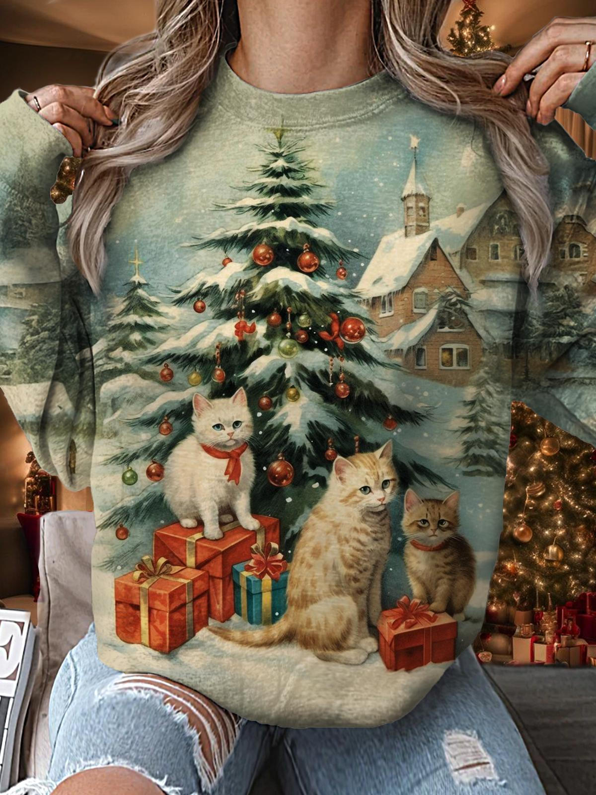 Damen-Langarmshirt mit Weihnachtskatzen-Geschenk im Vintage-Print