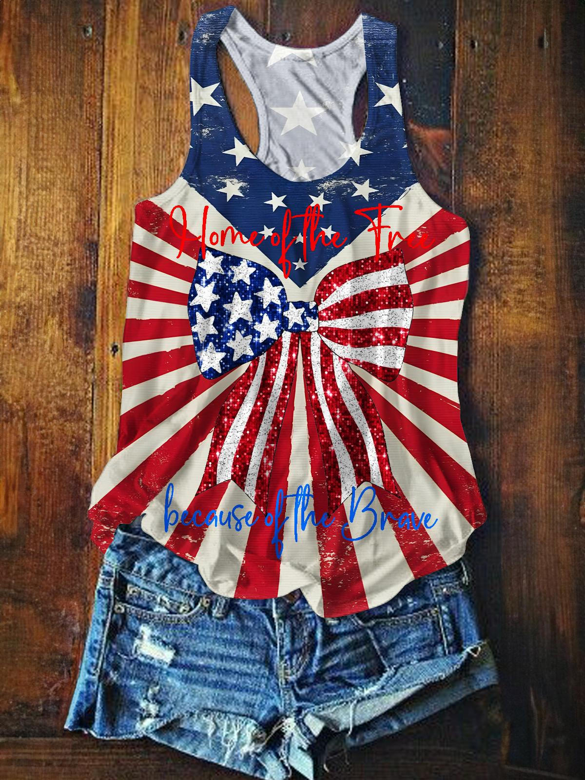 Vintage Independence Day Flag Bow Printed Casual Tank Top