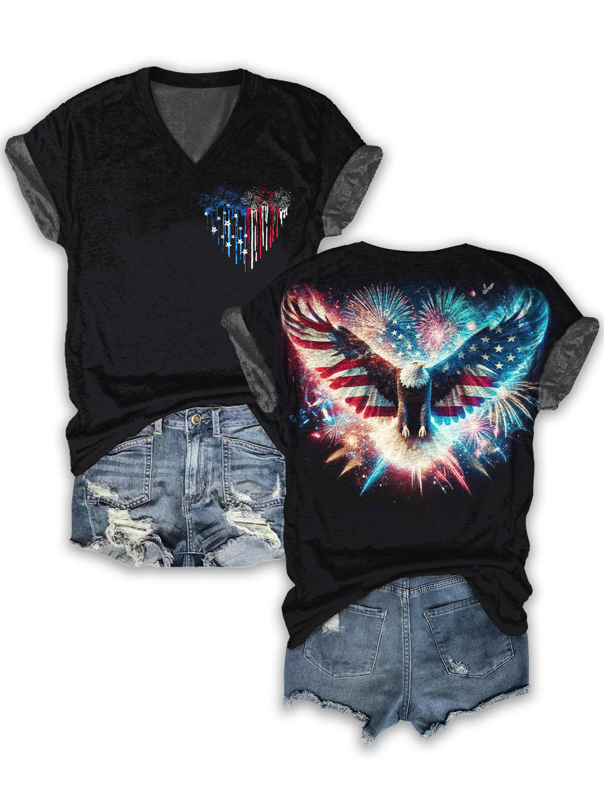 Independence Day Love Eagle Print V-neck T-Shirt