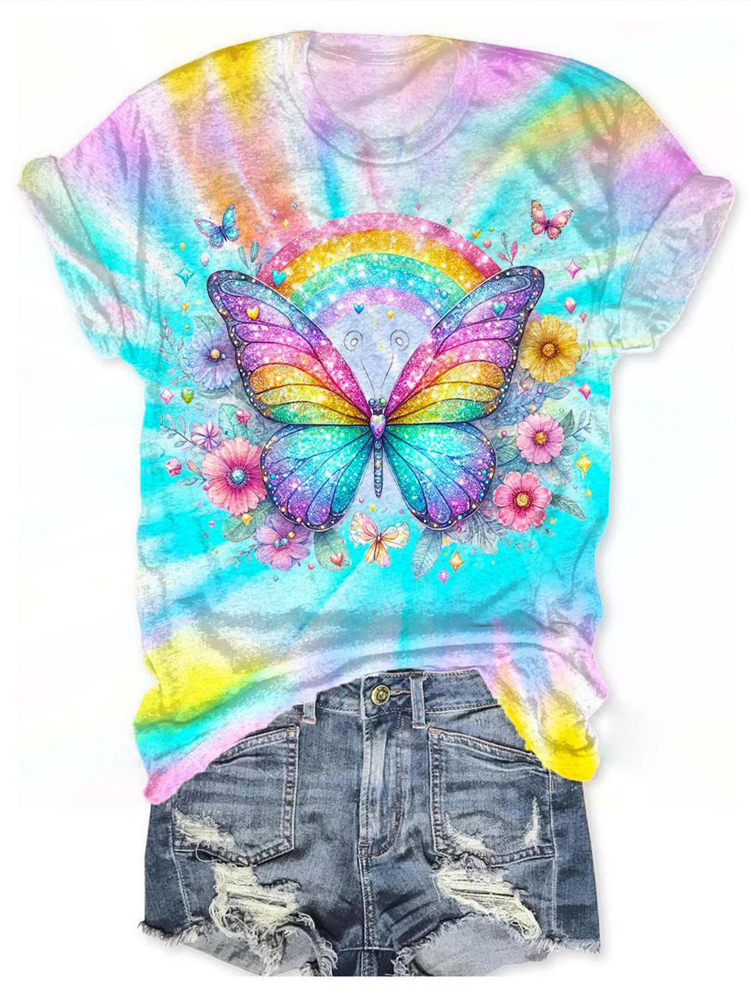 Spring Rainbow Butterfly Print Crew Neck T-shirt