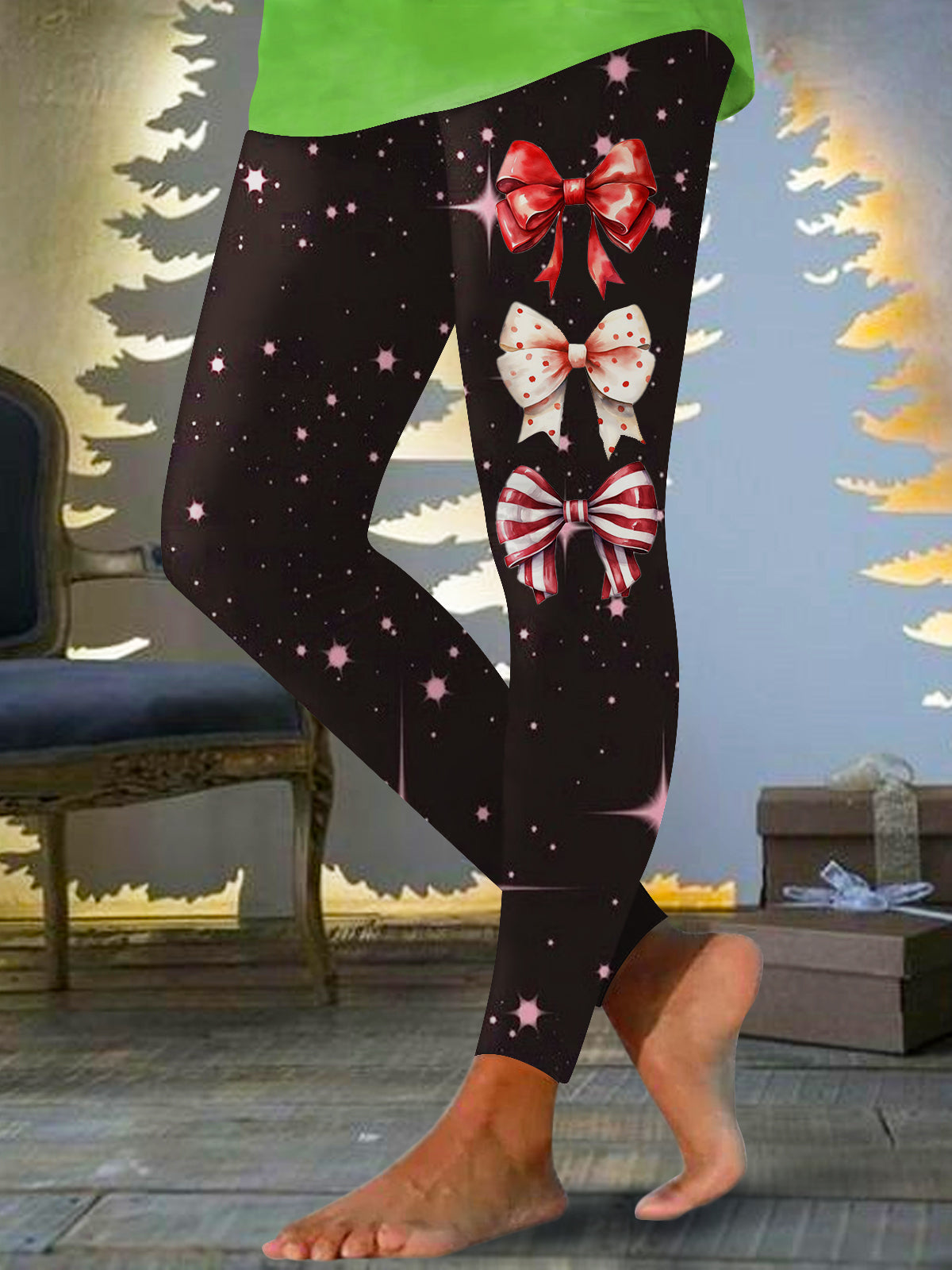 Leggings mit Weihnachtsschleife und Sternenmuster