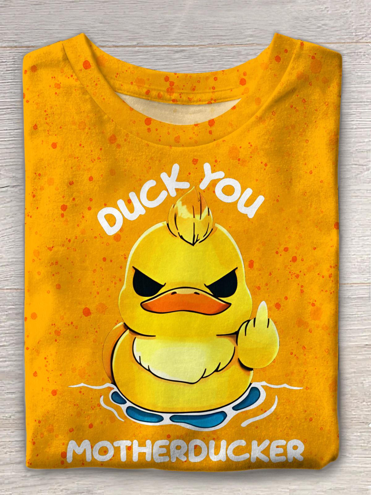 DUCK YOU Funny Duck Print Crew Neck T-shirt