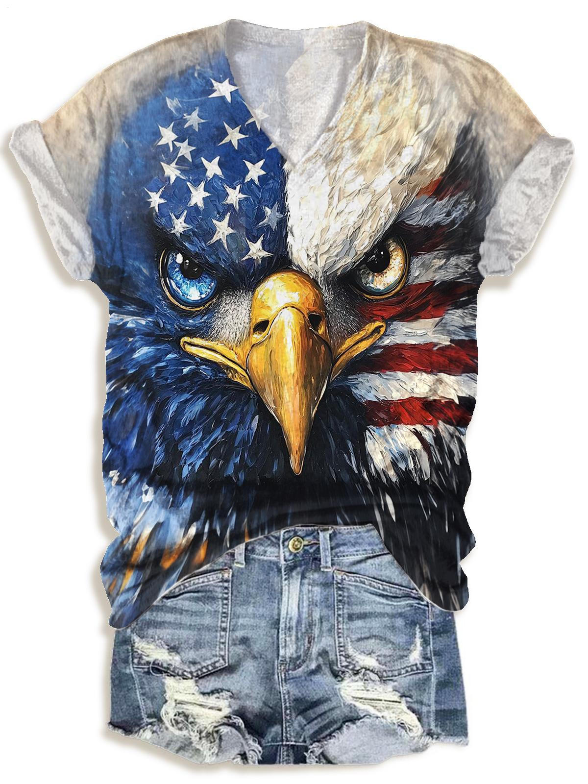 Independence Day Flag Eagle Print V-neck T-Shirt