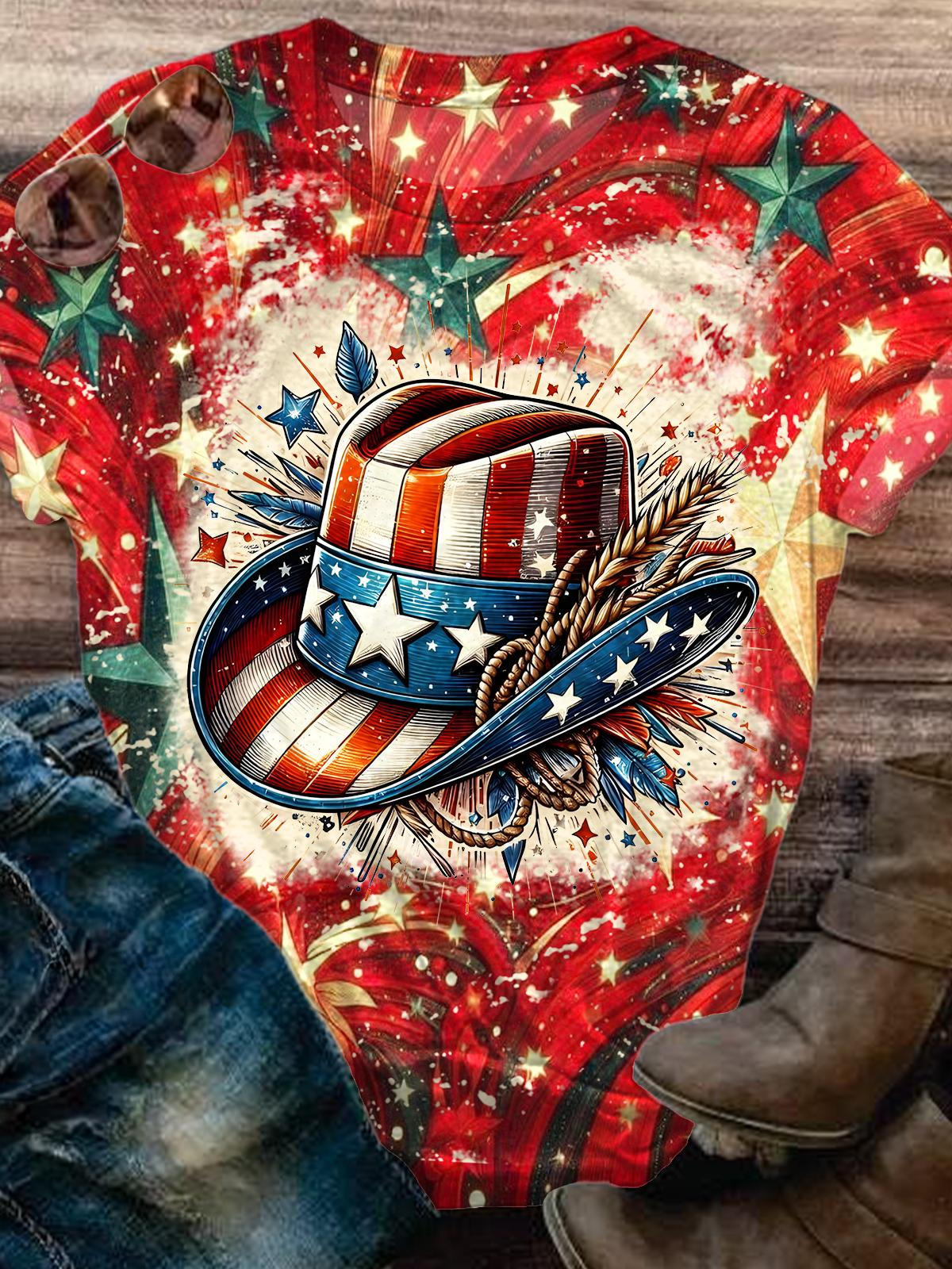 Vintage Independence Day Denim Printed Crew Neck T-shirt