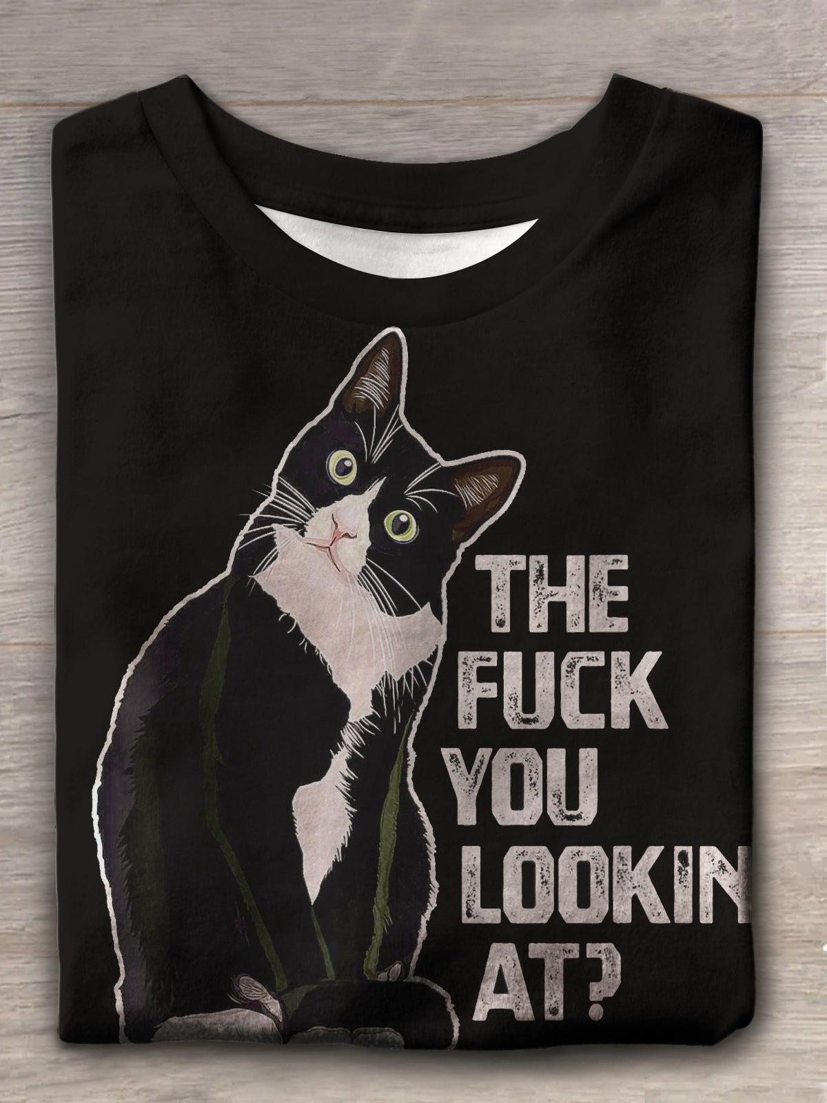 Damen-T-Shirt mit lustigem Retro-Wort-Katzen-Aufdruck und Rundhalsausschnitt, kurzärmelig