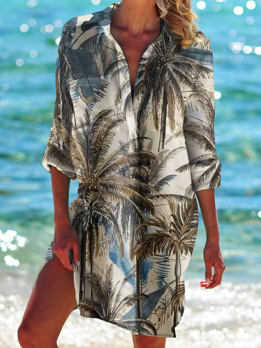 Coconut Tree Print Long Sleeve Beach Shirt Dress