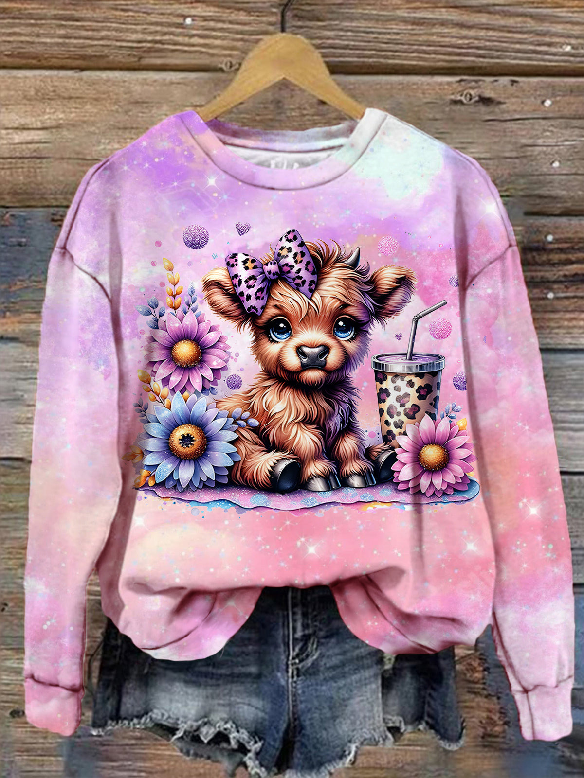 Women's Cute Calf Floral Print Crew Neck Casual Top