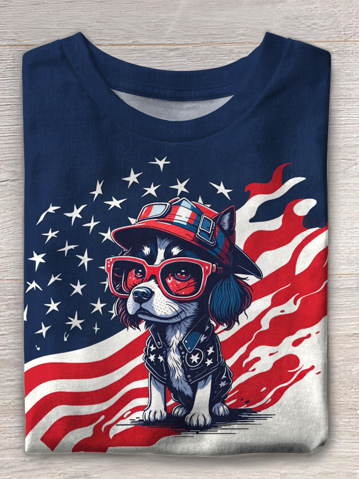 Vintage Independence Day Flag Dog Print Crew Neck T-shirt