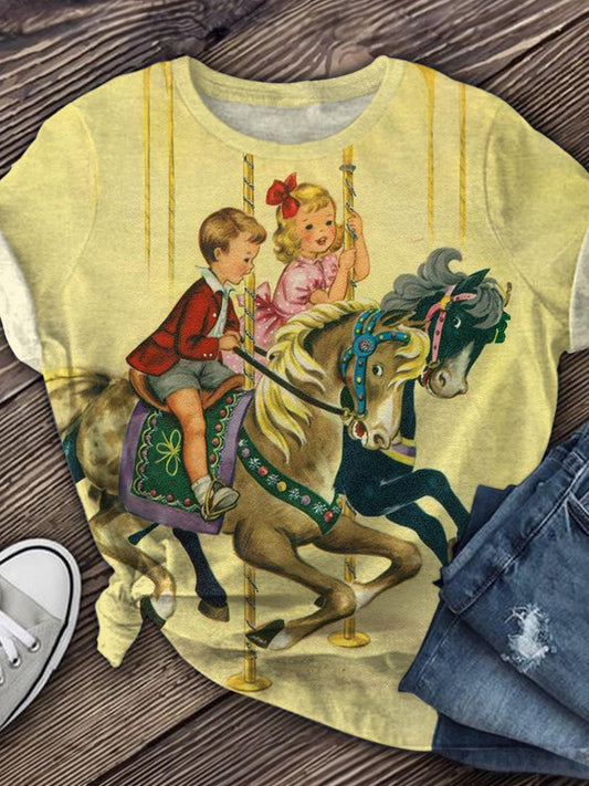 Vintage Kids Playing Carousel Crew Neck T-shirt