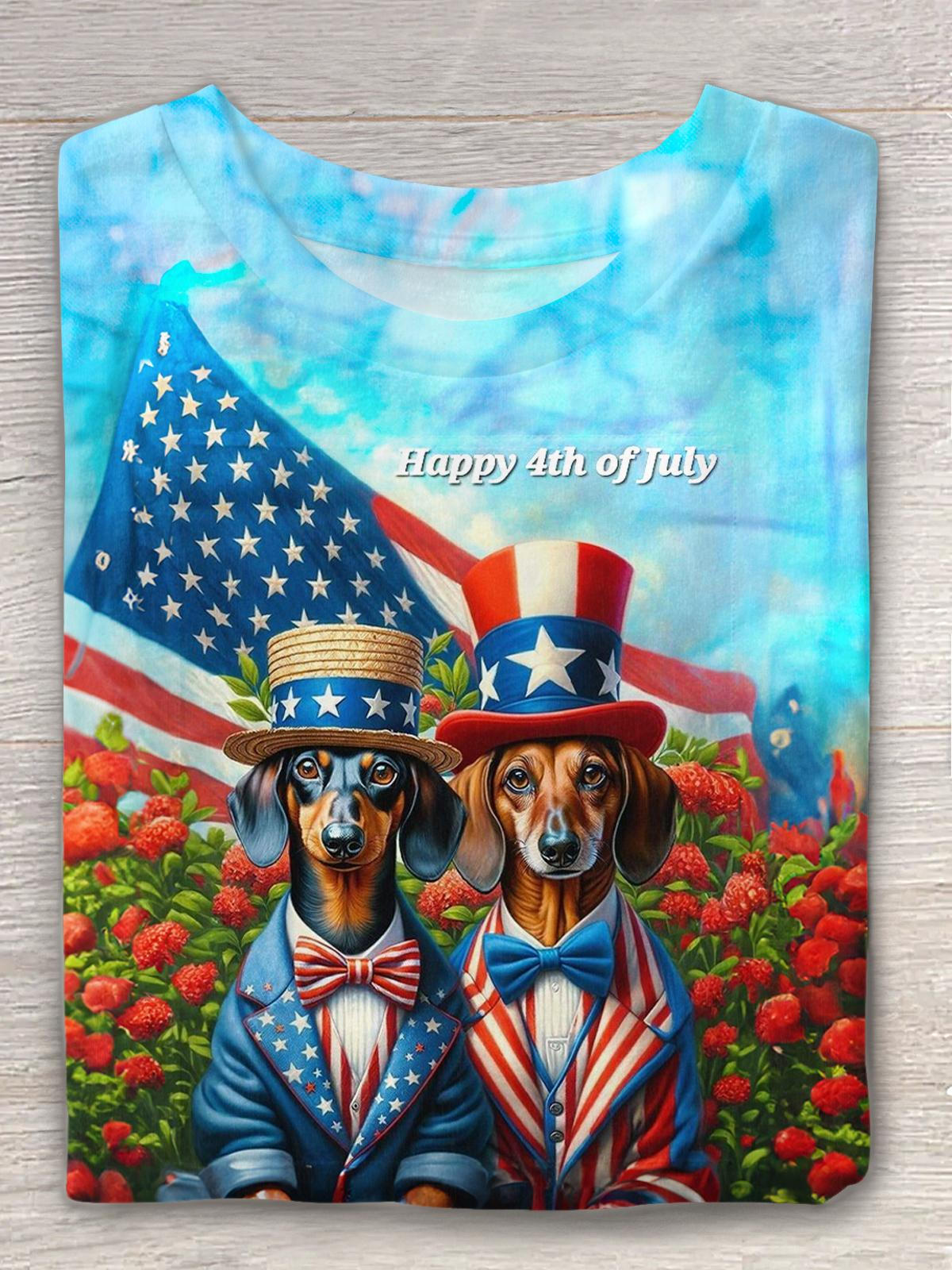 Independence Day Retro Puppy Print Crew Neck T-shirt