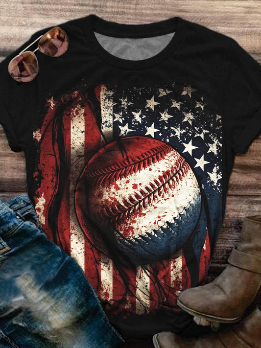 American Flag Baseball Print Crew Neck T-Shirt