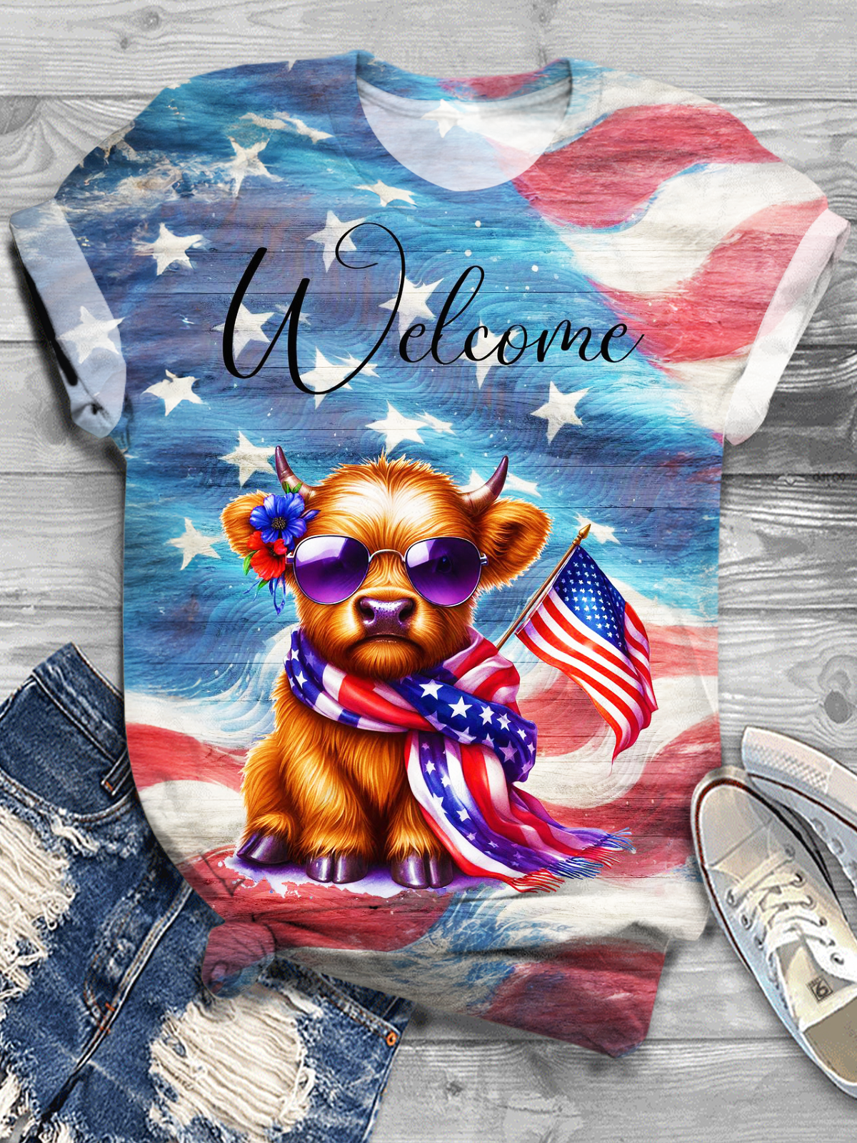 Independence Day American Flag Highland Cow Crew Neck T-shirt