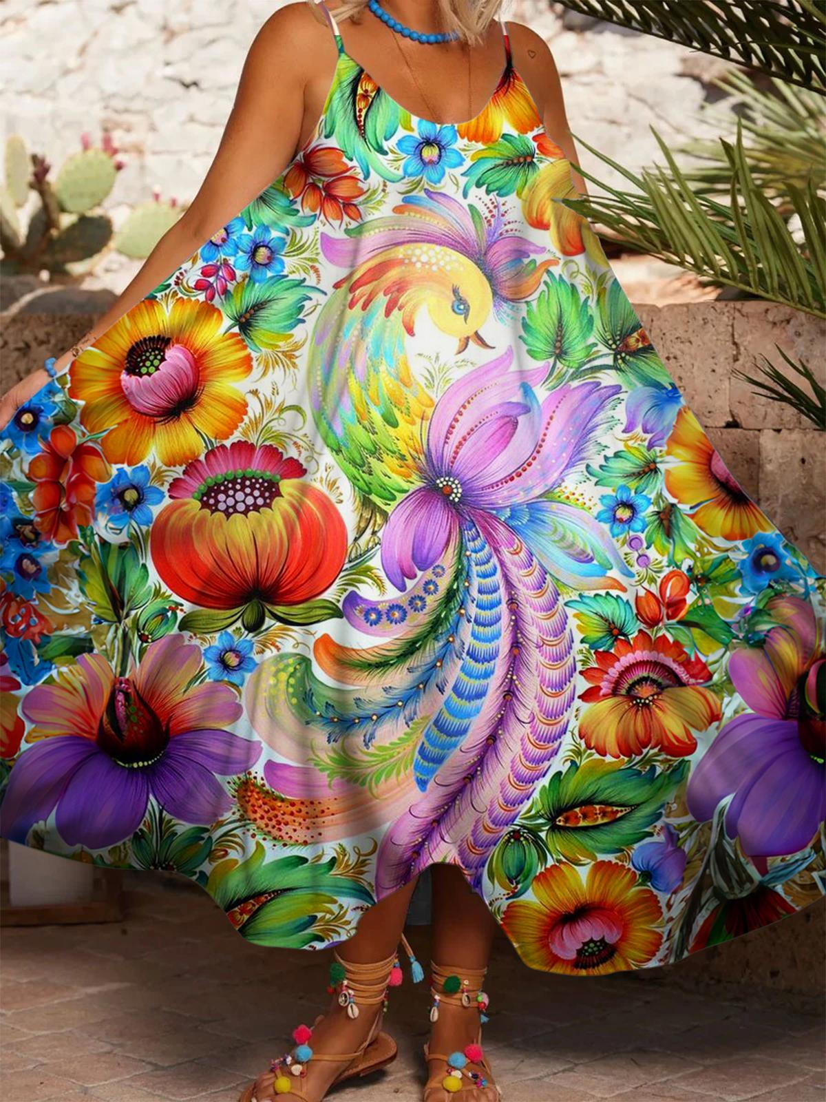 Colorful Floral Phoenix Printed Casual Spaghetti Strap Dress