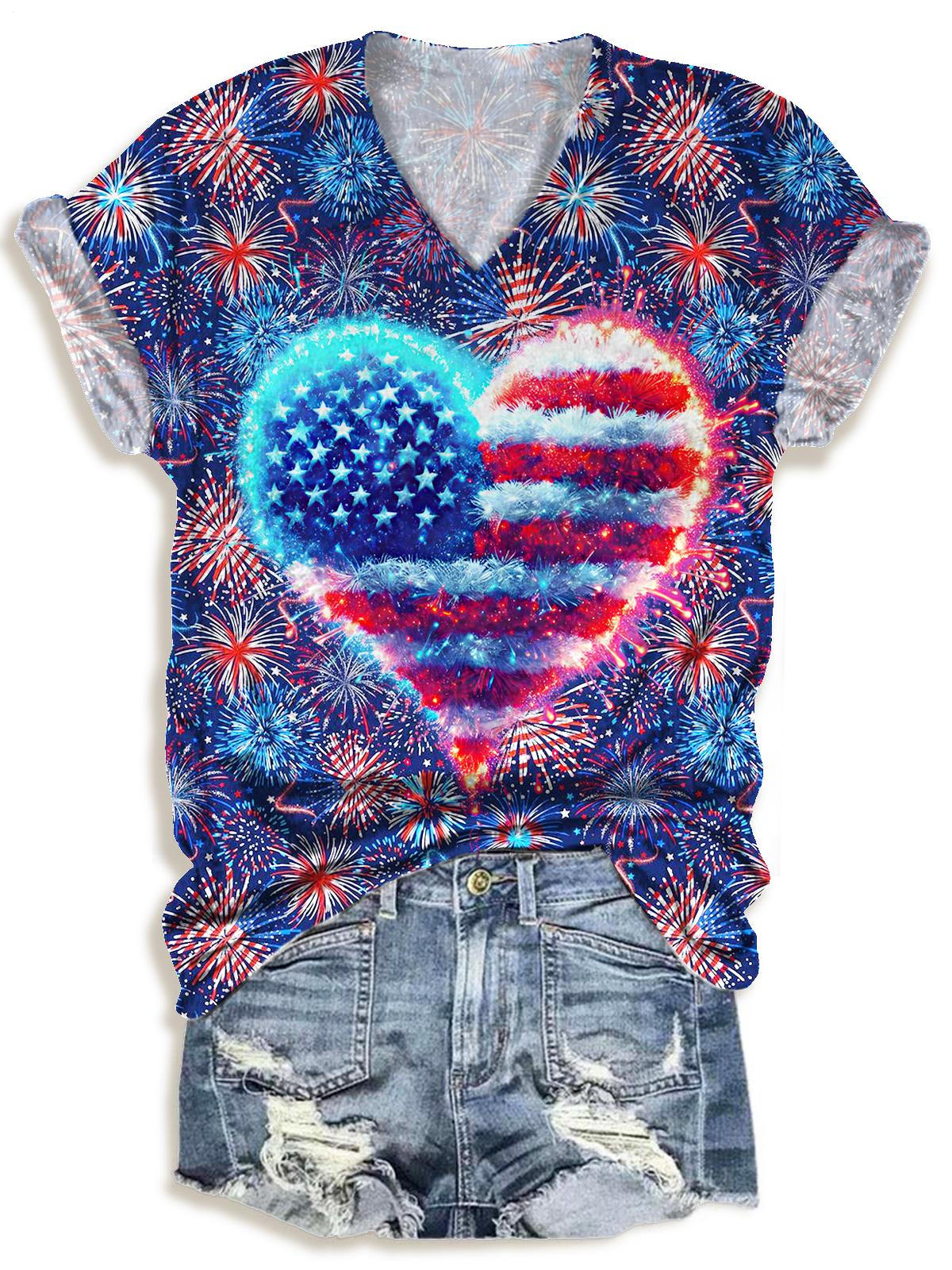 Flag Heart Printed V-neck T-Shirt