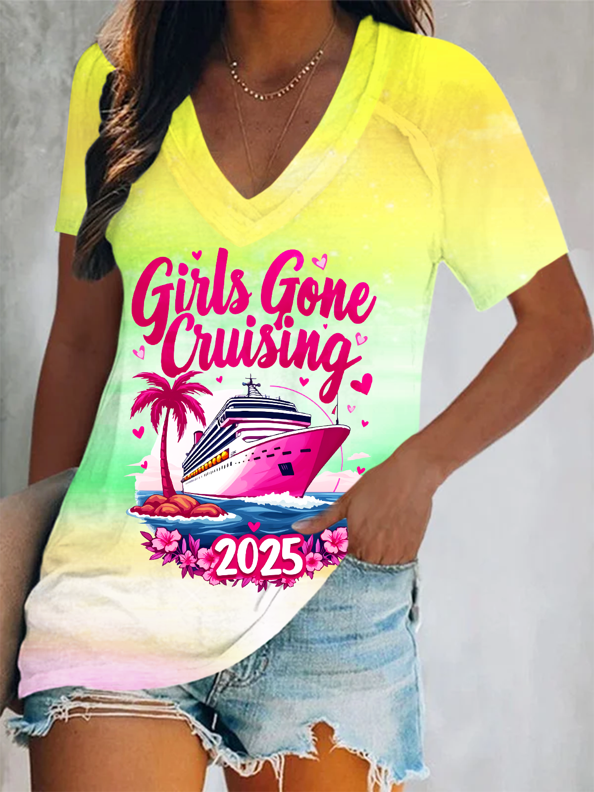 Girls Gone Cruising 2025 Short Sleeve V Neck Print Top