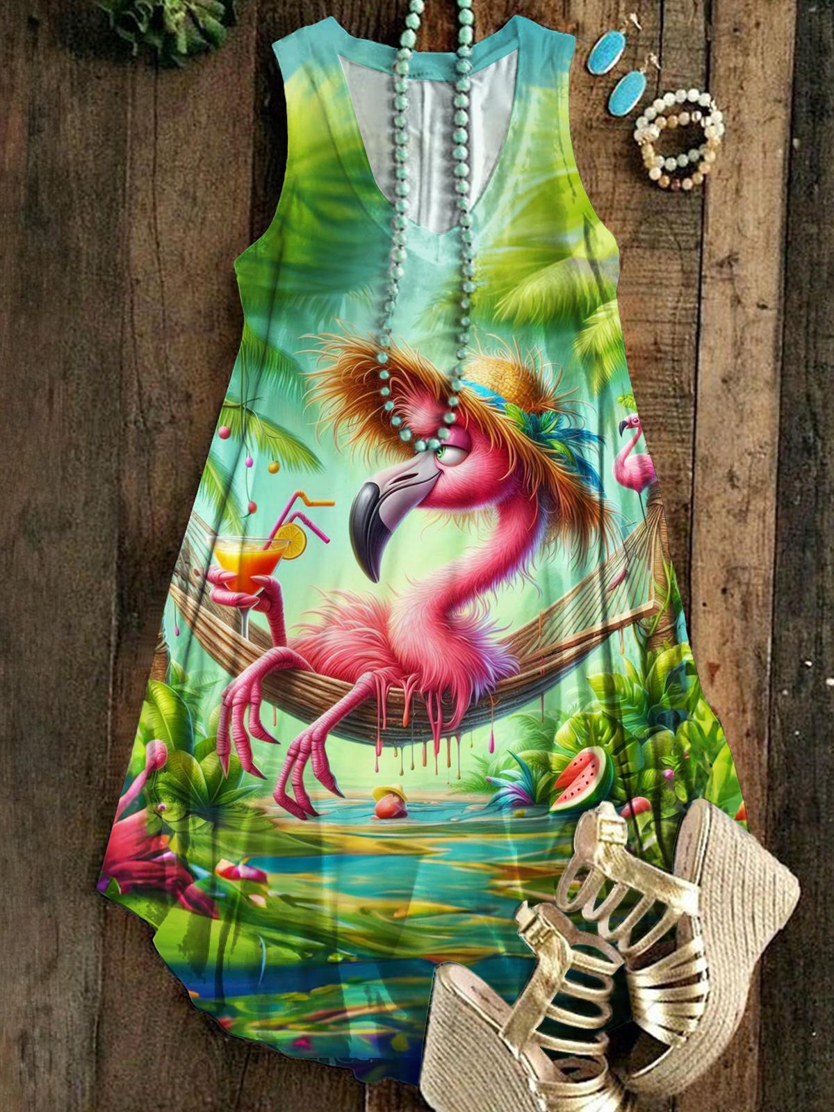 Ärmelloses Kleid mit V-Ausschnitt und tropischem Flamingo-Print