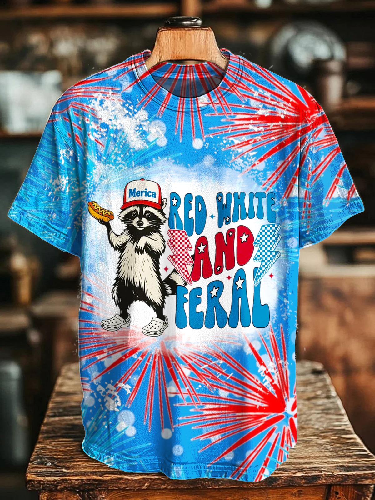 Red White And Feral Funny Raccoon Crew Neck T-shirt