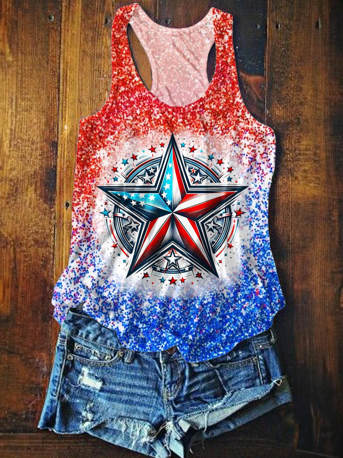 Sequined Independence Day Star Printed Casual Tank Top