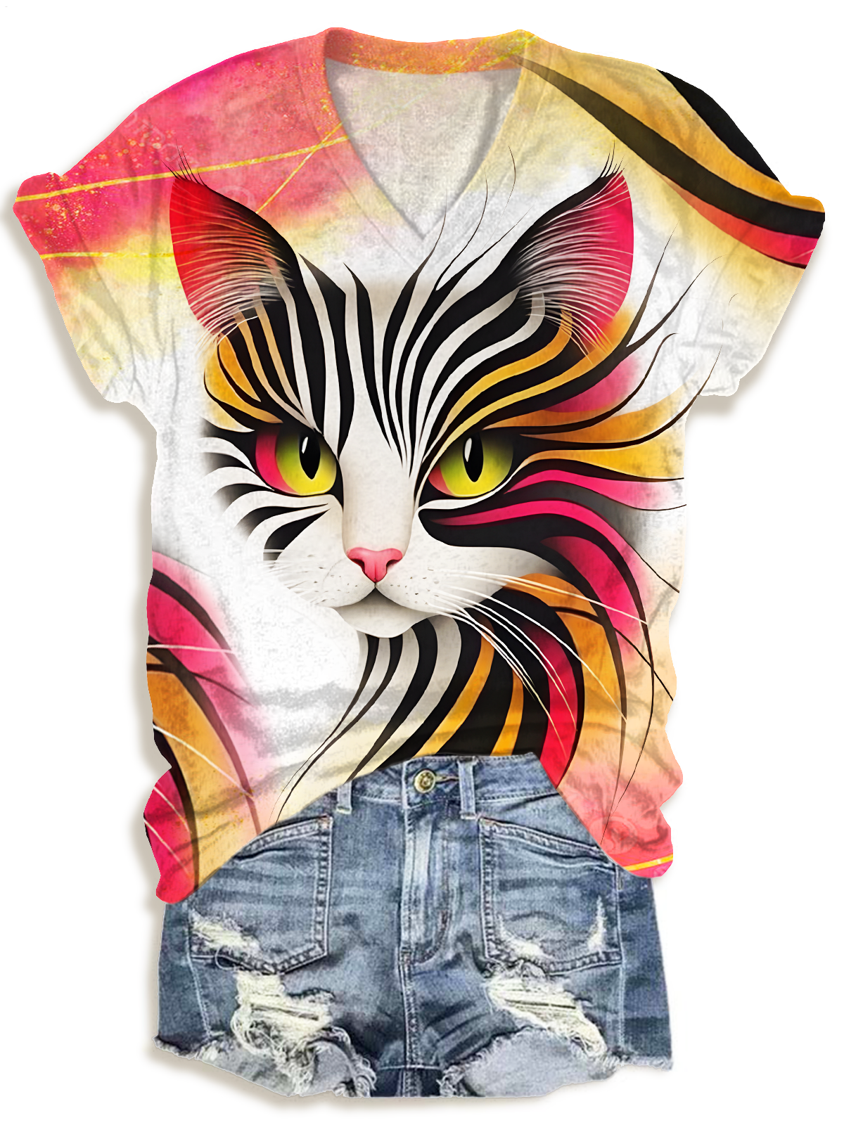Abstract Watercolor Geometric Lines Cat Art V-neck T-Shirt