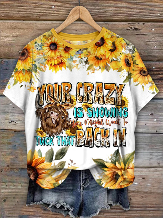 Alpine Cow Sunflower Funny Word Crew Neck T-shirt
