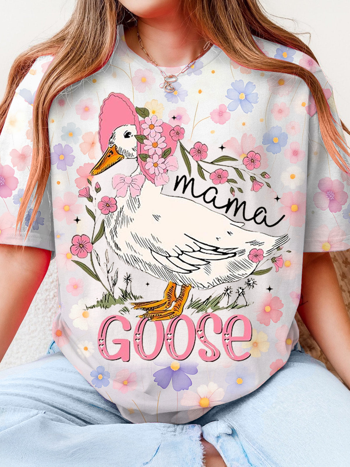 Pink Mama Goose Crew Neck T-shirt