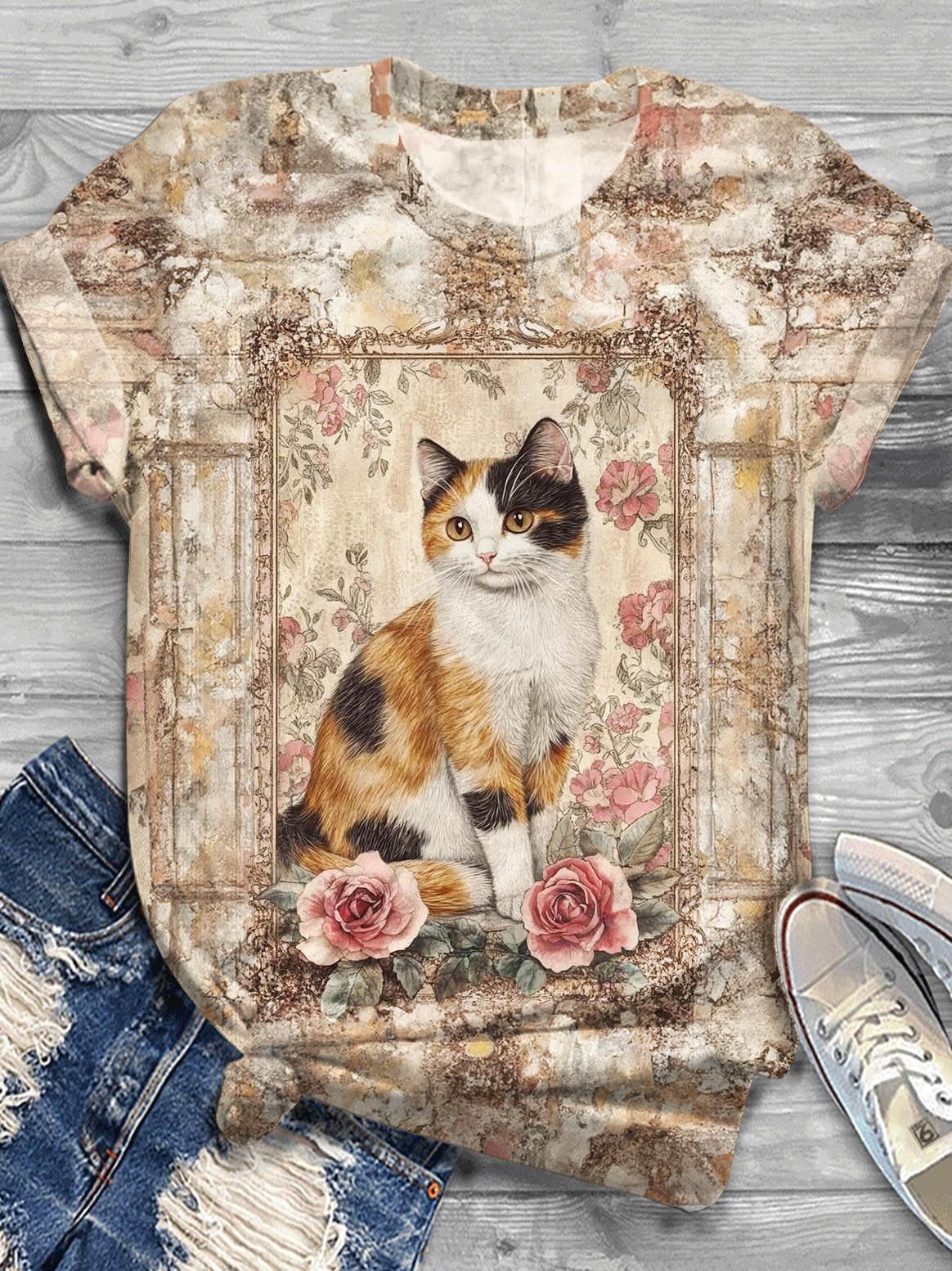 Cat Flowers Retro Print Crew Neck T-shirt