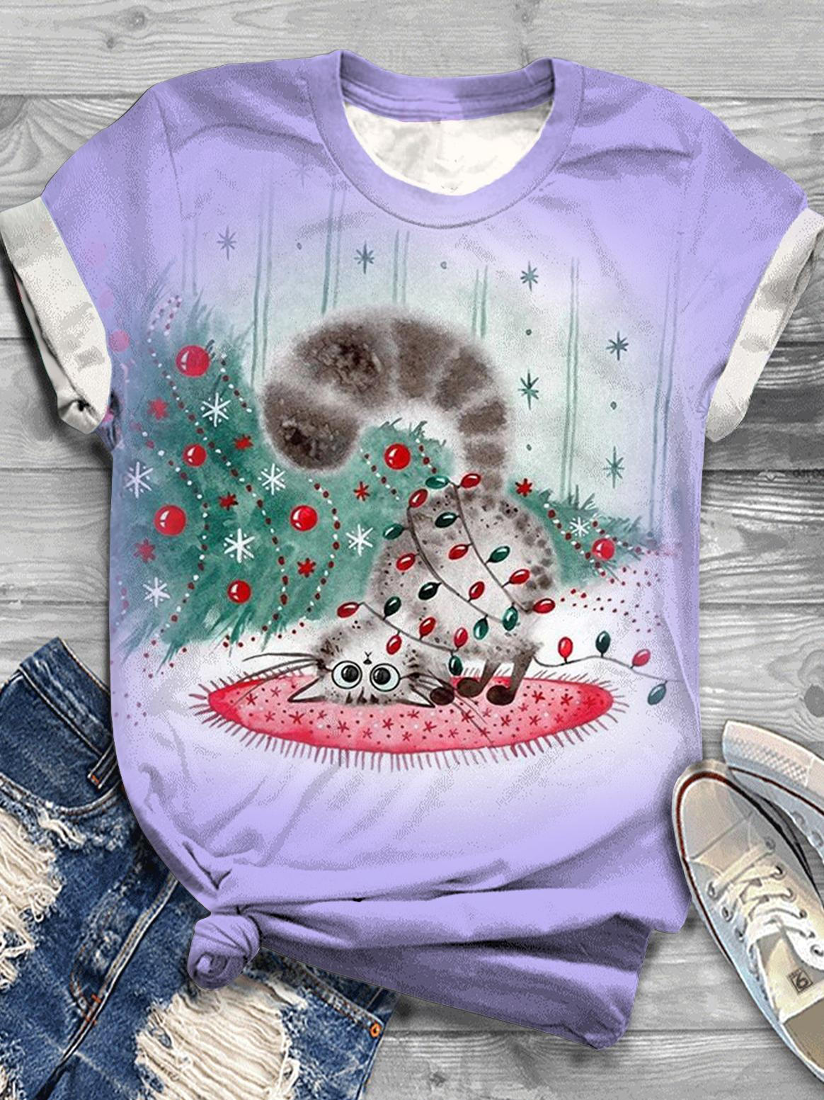 Damen-T-Shirt mit Rundhalsausschnitt und Winter-Weihnachtsbaum-Kätzchen-Print