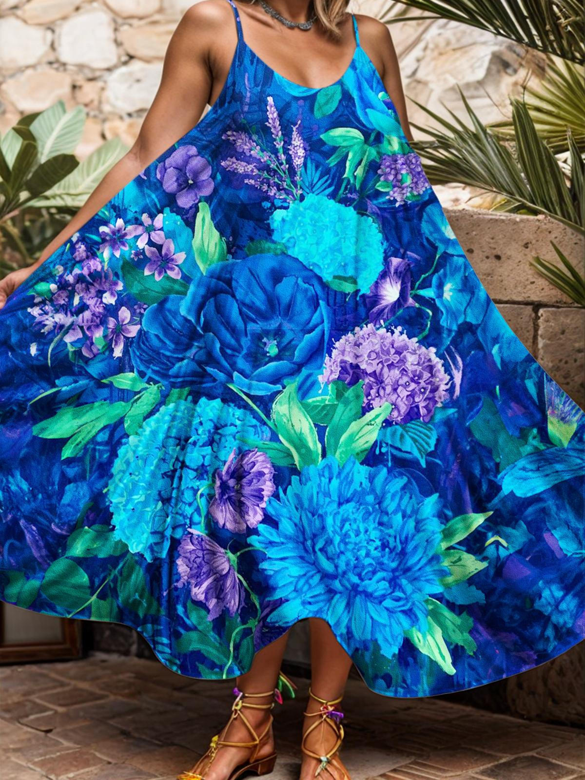 Blue Floral Print Casual Spaghetti Strap Dress