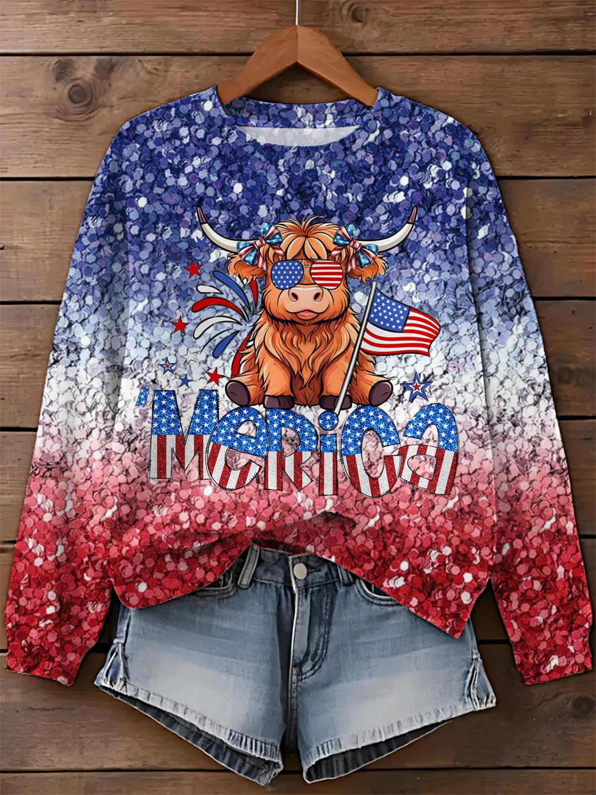 Highland Cow 'Merica Printed Long Sleeve Casual Top