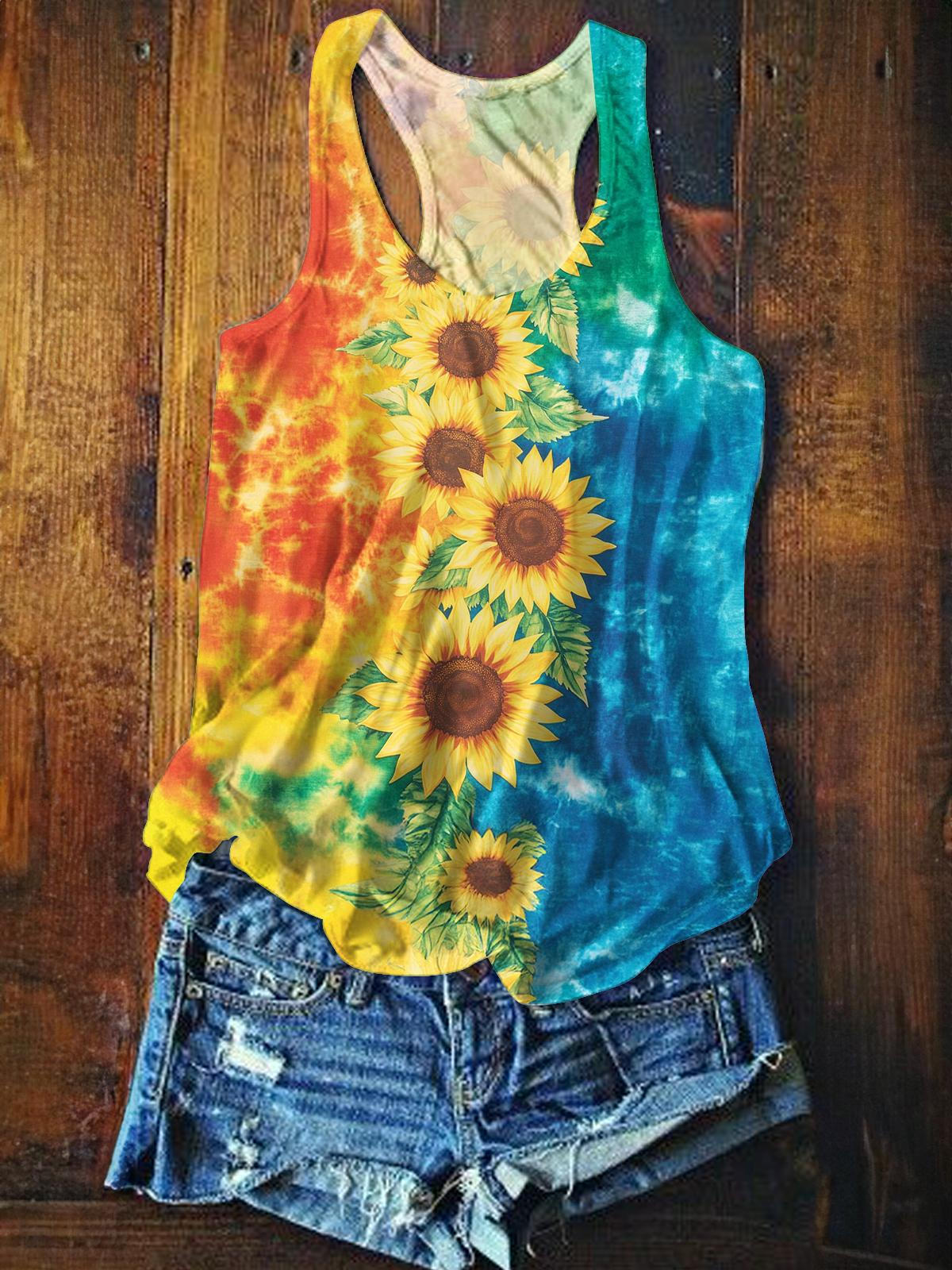 Contrast Sunflower Printed Casual Tank Top