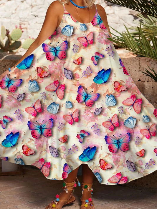 Butterfly Women's Printed Casual Spaghetti Strap Dress