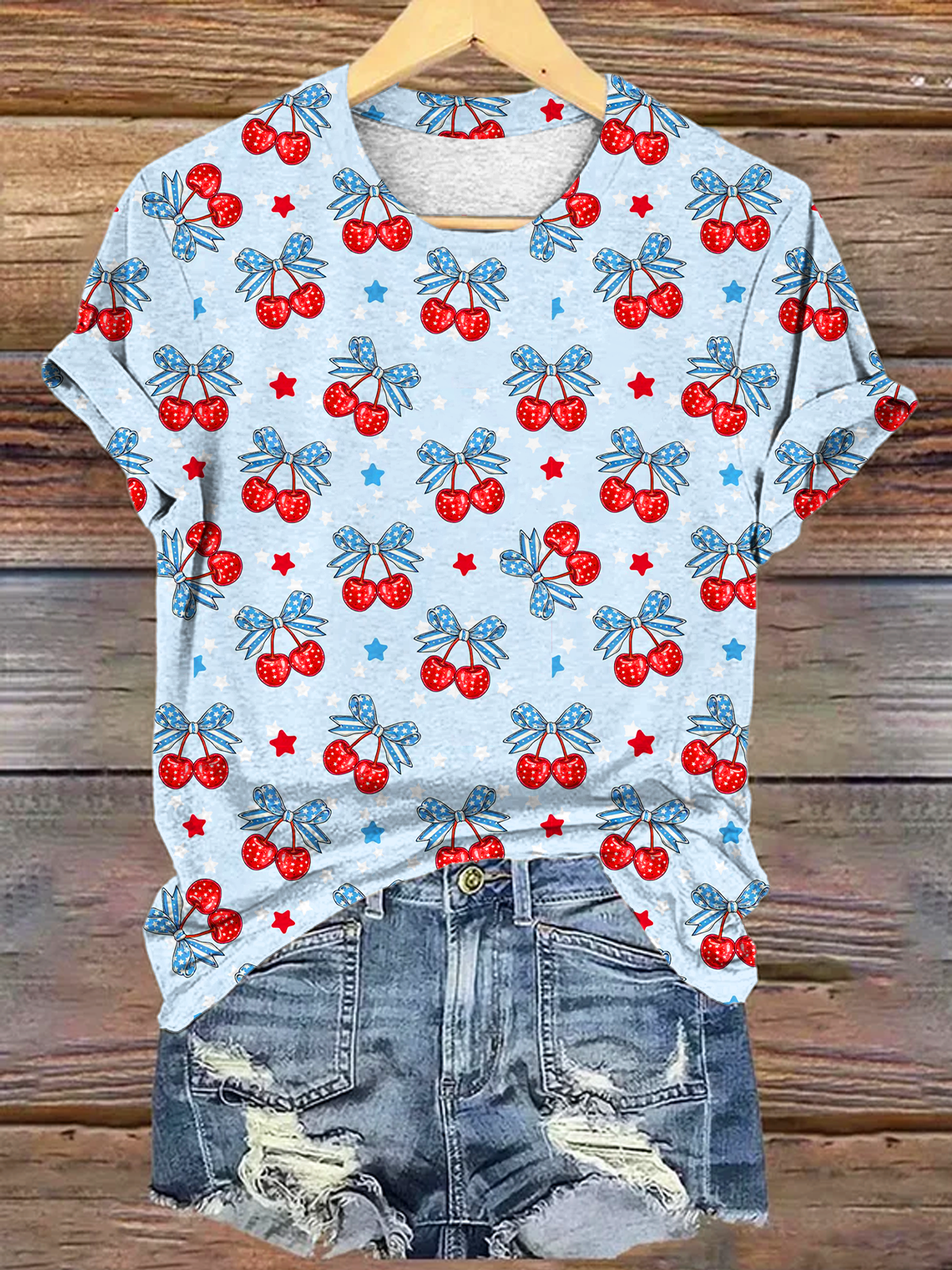 Patriotic 4th of July Cherry Coquette Bow Crew Neck T-shirt