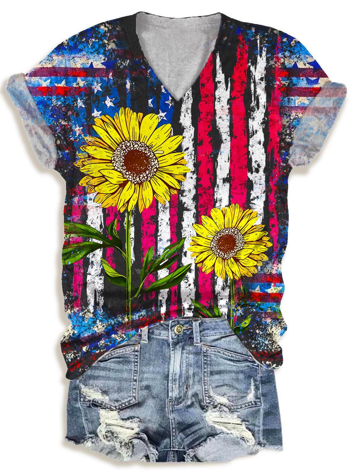 Sunflower Vintage Flag Print V-neck T-Shirt