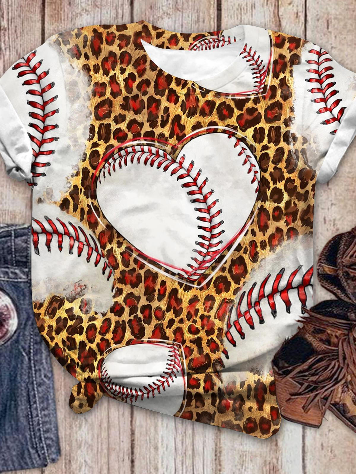 Baseball Herz Leopard Rundhals T-Shirt