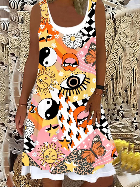 Ladies Funny Summer Cute Colorful Pattern False Two Dress