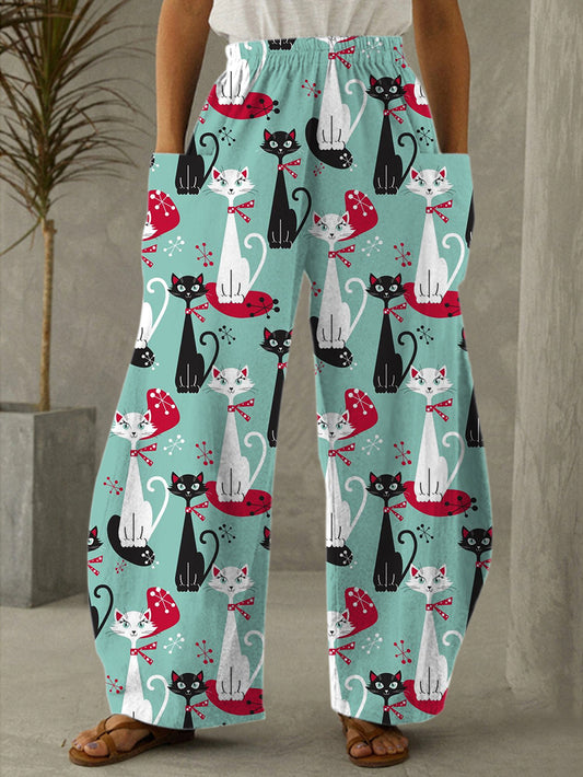 Black And White Cat Print Casual Pants