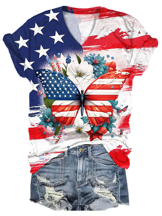 Women's American Flag Butterfly Print V-Neck Top
